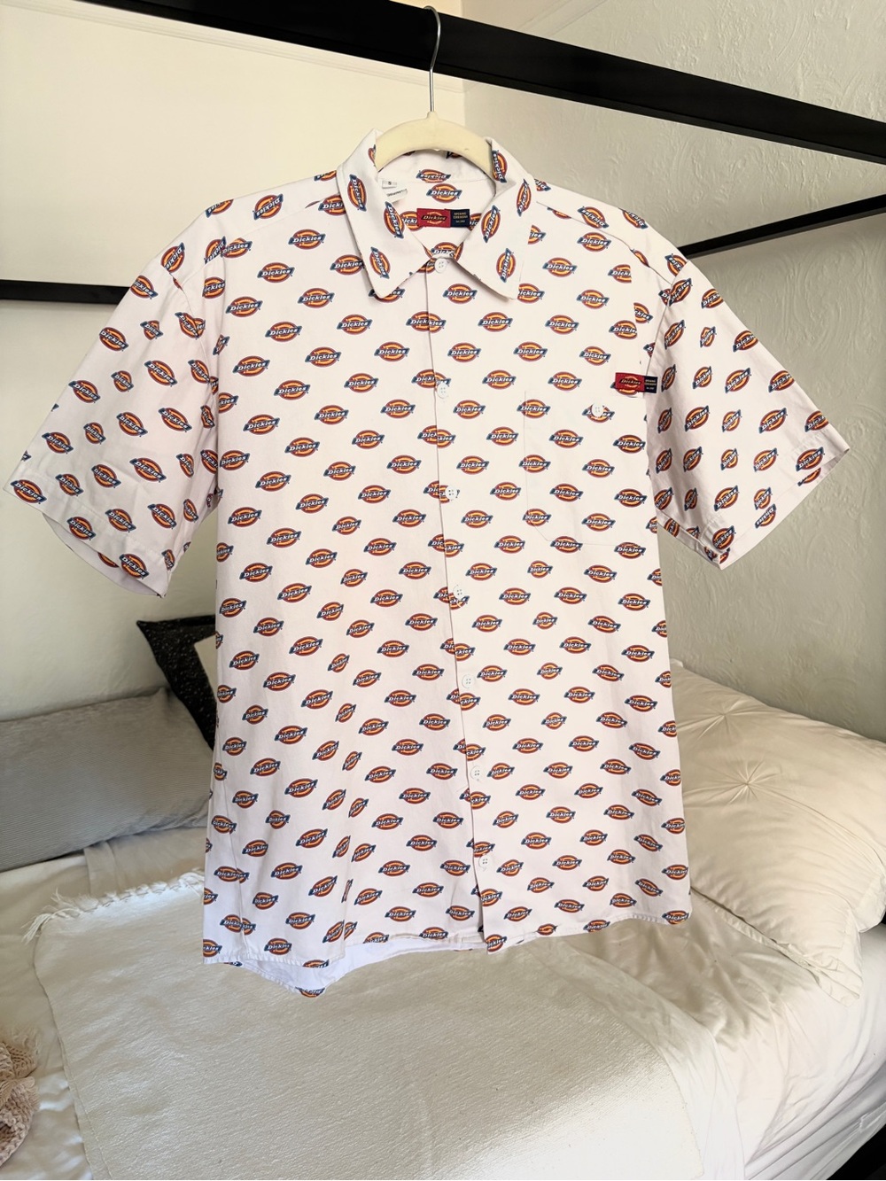 Dickies White Short-Sleeve Button-Front Shirt with Dickies Logo Print